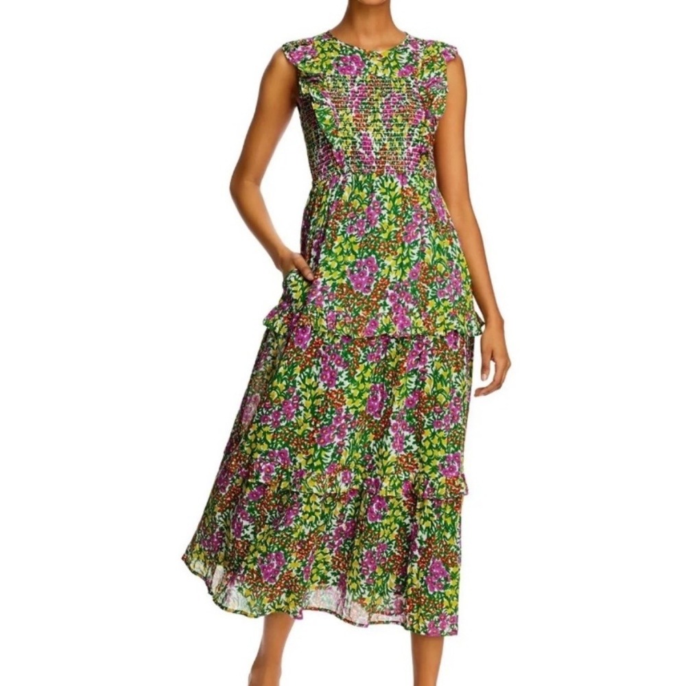 Banjanan Iris Floral Smocked Tiered Maxi Dress Green Purple Cotton Sleeveless XS